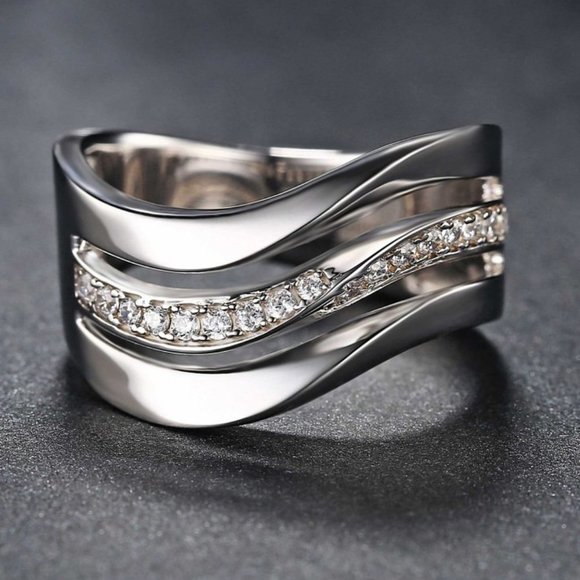 🍁 Refine Three Layers Wave Zircon Macro Pave Rings for Women, PD389 - Picture 1 of 7